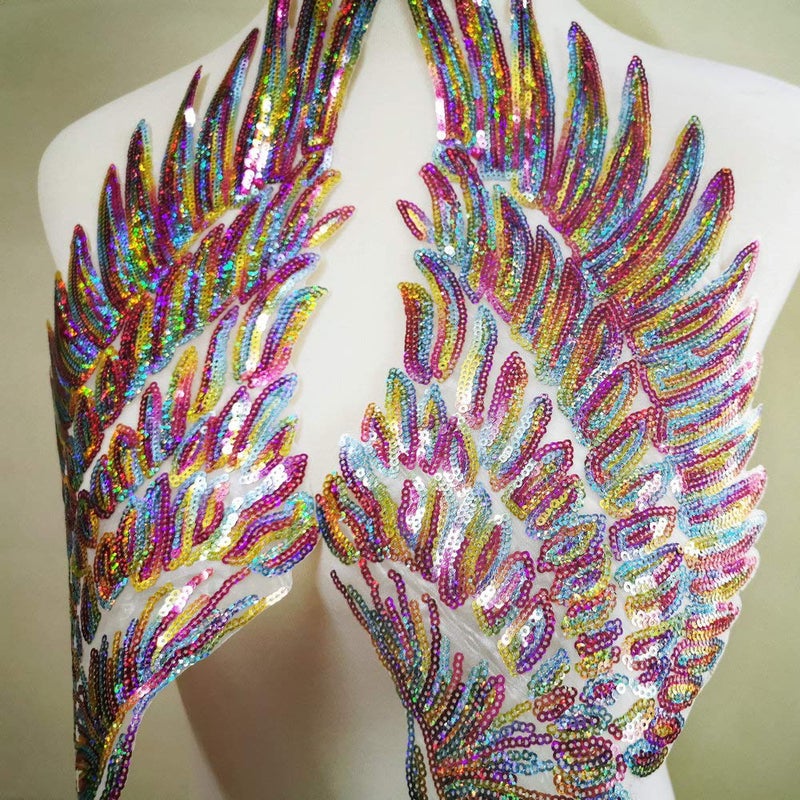 FEEPOP 1 Pair Tuba Fashion Dazzling Angel Wings Sequins Patches for Clothing Iron-on Embroidered Patch Motif Applique DIY Xmas Accessories(11X12 in) - Image 3